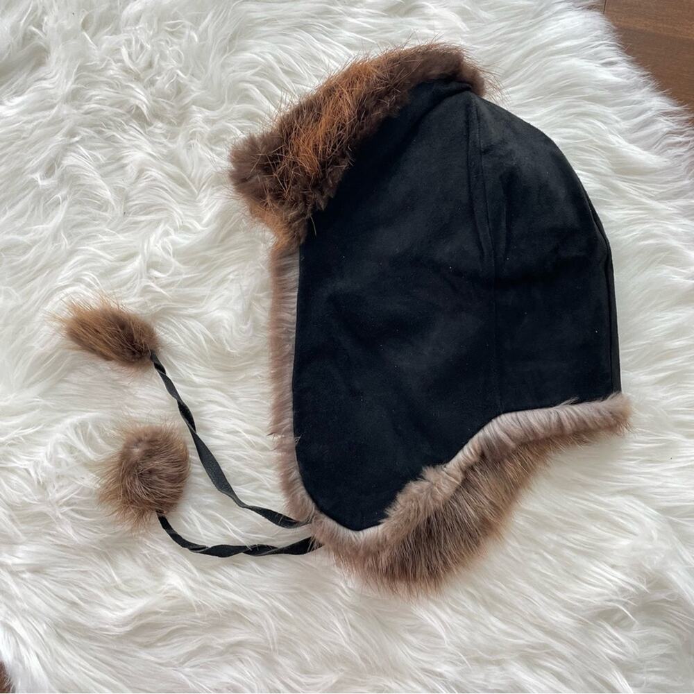 Handmade Ada M Wilson Alaskan Fox Trapper Hat Fox Fur Suede Leather Eskimo Black